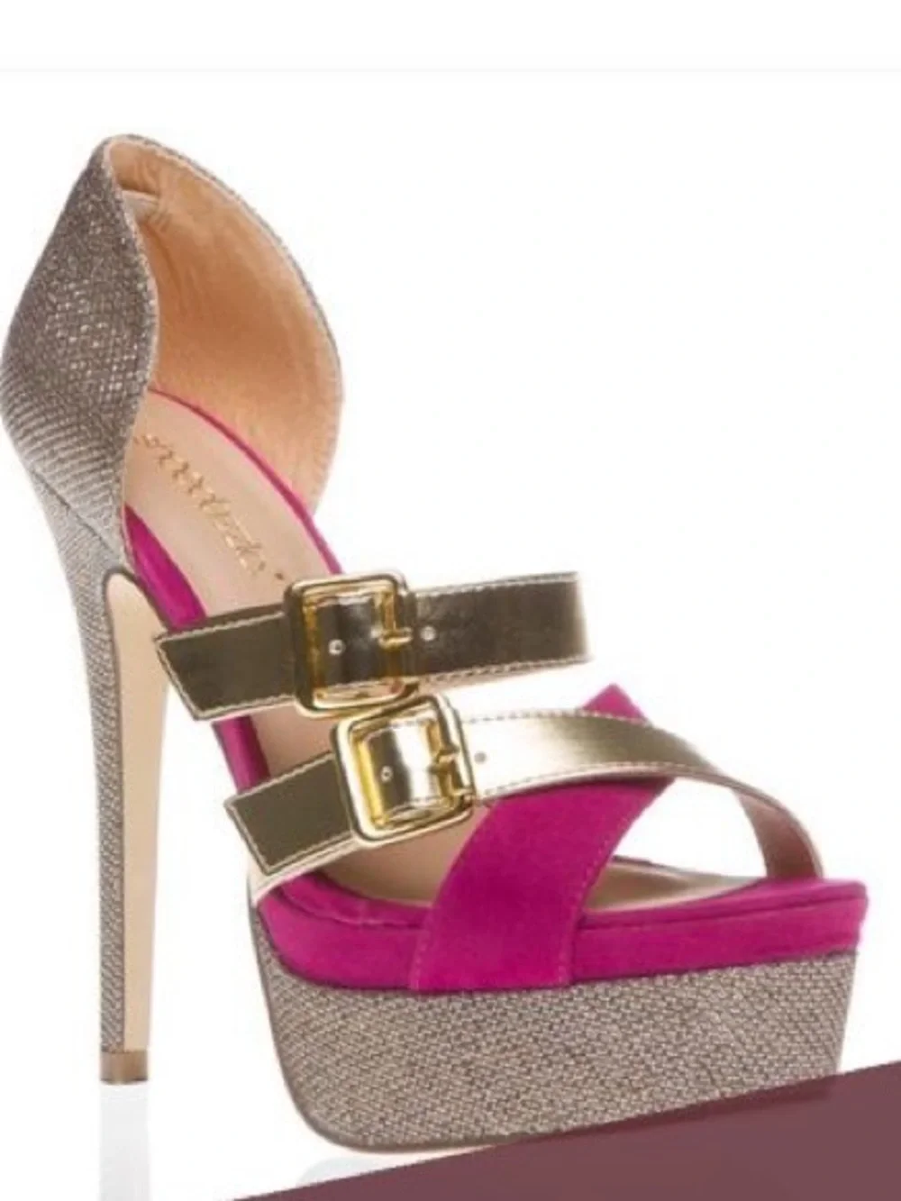 Shoe Dazzle Naya Gold & Fuchsia Platform Strappy High Heels